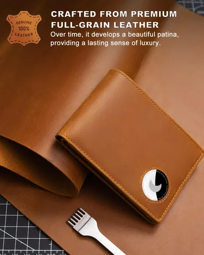 Miniatura 47 de Billetera AirTag para hombre, de piel auténtica plegable con bloqueo Rfid AirTag con ranuras para efectivo y ventana de identificación, compatible