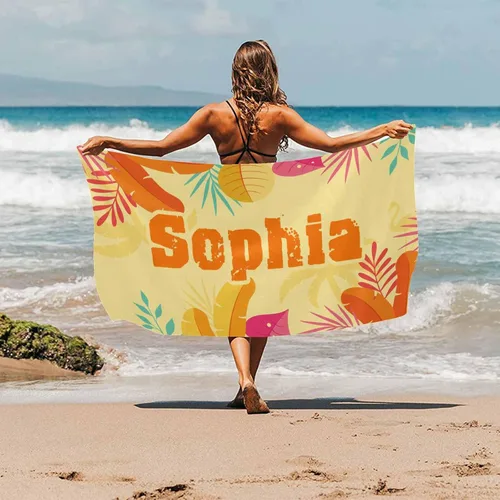 Miniatura 2 de InterestPrint Toalla de playa personalizada para mujeres y hombres, hojas tropicales, naranja, toallas de playa personalizadas con nombres, manta