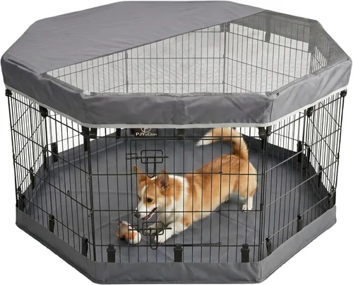 Miniatura 22 de PJYuCien Corralito octogonal para perros con cubierta superior y almohadilla inferior, bolígrafo de ejercicio plegable de metal, 8 paneles de 24