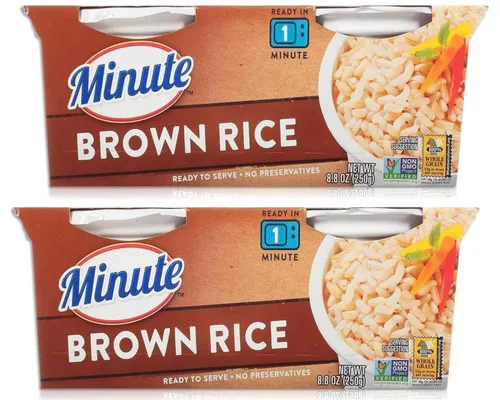 Miniatura 3 de Paquete de arroz integral instantáneo. Incluye dos paquetes de 8.8 onzas de arroz integral minuto listo para servir. Cada uno tiene 2 tazas de arroz