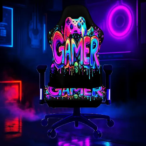 Miniatura 3 de Blacklight - Funda para silla de juegos, protector de silla de deportes electrónicos reactivo a los rayos UV con diseño de calavera de neón