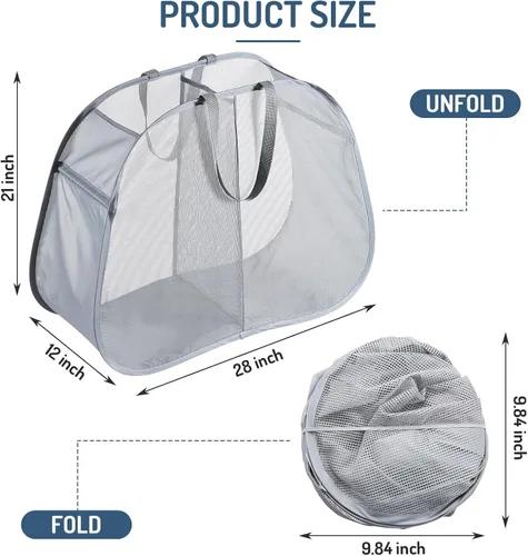 Miniatura 4 de Cesto de malla desplegable para ropa sucia, 2 compartimentos, cesta clasificadora plegable para ropa, dormitorio universitario, viajes (gris)