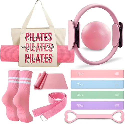 Kit de pilates para mujer, juego de anillos y pelotas de pilates, bandas de resistencia, calcetines de agarre y bolsa para esterilla de yoga, kit