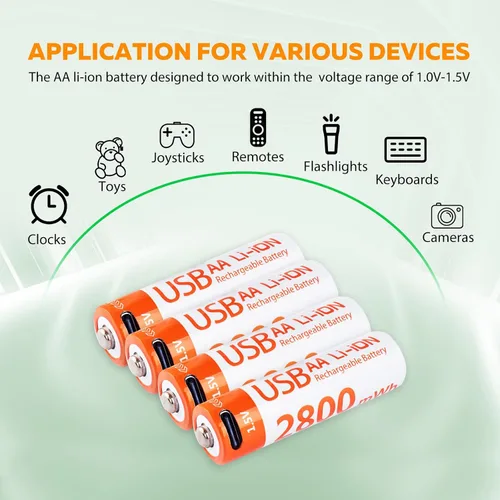 Miniatura 3 de Baterías de litio AA recargables, paquete de 4 baterías AA de iones de litio de 1.5 V 2800 mWh, 1000 ciclos de iones de litio doble A con cable