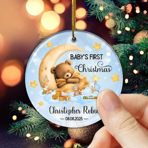 Miniatura 5 de Adorno personalizado para la primera Navidad del bebé 2025 con nombre personalizado, lindo oso en la luna, adornos redondos, regalo de primer