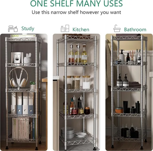 Miniatura 6 de GIOTORENT Estantería Metálica de Pie de 5 Niveles, Unidades de Estante de Alambre de Altura Ajustable, Rack de Exhibición para Lavandería Baño Gris