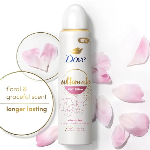 Miniatura 5 de Dove Ultimate Dry Spray antitranspirante de peonía y agua de rosas, 2 unidades para 72 horas de protección contra el sudor y el olor con tecnología