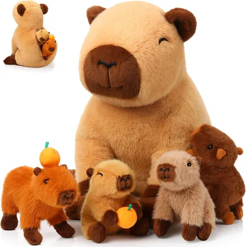Miniatura 8 de Peluches Capybara 5 en 1 con bebés en el interior, 15.75 pulgadas Capybara Mommy con 4 lindos bebés, almohada de felpa para niñas, niños, regalos
