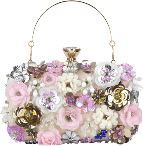 POPIDEO Women's Flower Floral Evening Clutch Bag Wedding Purse Rhinestone Crystal Beaded Cocktail Party Bridal Prom Handbag