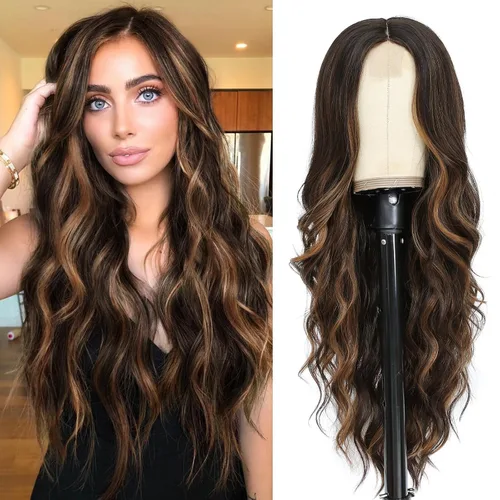 Miniatura 40 de NAYOO Pelucas marrones con flequillo para mujer, pelucas de cabello largo y ondulado, resistentes al calor, pelucas de fibra sintética para uso