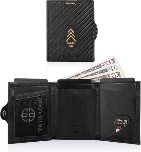 Miniatura 3 de TRUSADOR Valencia Cartera de piel unisex pequeña compacta bolsillo frontal RFID con bolsillo monedero, Carbon, Con bolsillo para monedas