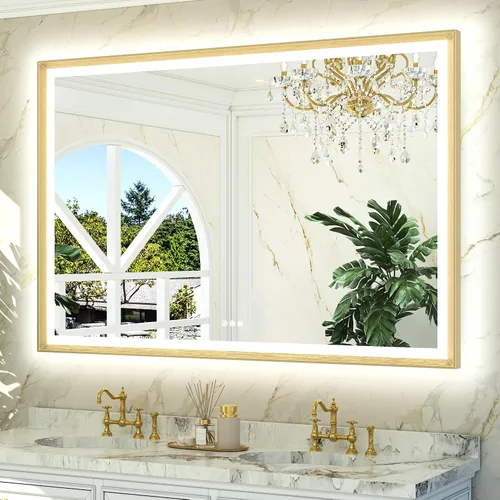 Miniatura 21 de TETOTE Espejo LED dorado para baño, marco de metal de 20 x 28 pulgadas, espejo de tocador iluminado frontal y retroiluminado, barroco, antiniebla