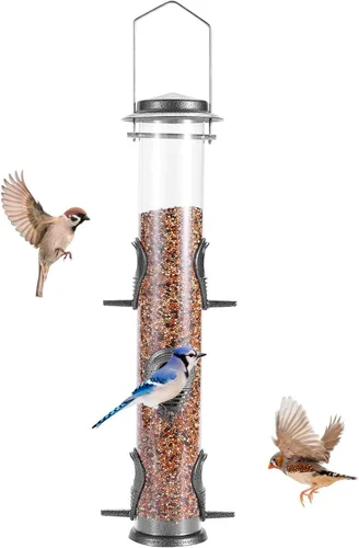 MIXXIDEA 1PK Alimentadores de pájaros metálicos con 6 puertos de alimentación, alimentador de pájaros de tubo con colgador de acero, alimentador de