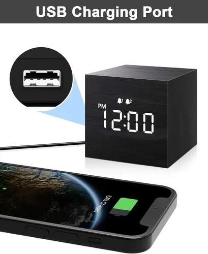 Miniatura 2 de JALL Reloj Despertador Digital, con Pantalla de Tiempo LED Electrónica de Madera, Alarma Dual, Relojes Eléctricos Pequeños Mini Cúbicos de Madera