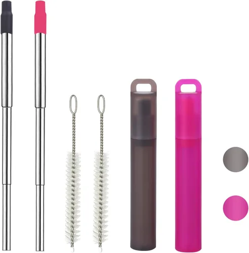 Miniatura 5 de Popotes de metal reutilizables, paquete de 2 popotes plegables y portátiles de acero inoxidable, con carcasa de plástico, puntas de silicona