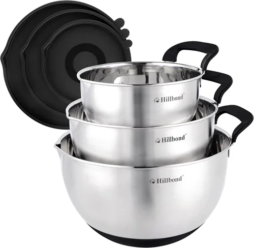 Hillbond - Juego de tazones de acero inoxidable con tapas, tazones para mezclar con boquilla de vertido, asa de silicona y fondos antideslizantes