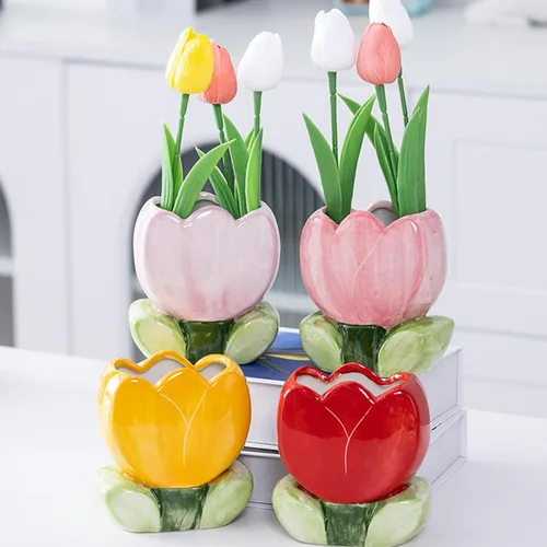 Miniatura 6 de TANG SONG Soporte para brochas de maquillaje de tulipanes de cerámica, caja de almacenamiento de cosméticos de flores, soporte para bolígrafos y Rosa