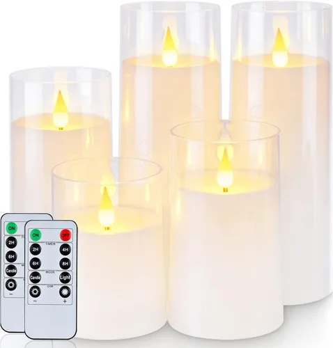 Homemory Velas parpadeantes sin llama de color blanco puro, velas LED acrílicas con control remoto y temporizador, juego de 5