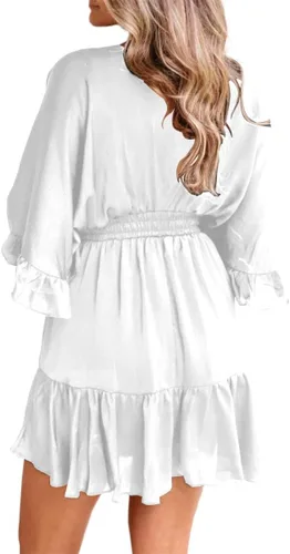 Miniatura 3 de Aoysky Vestidos casuales con cuello en V para mujer, de verano, holgado, cintura alta, volantes, plisado, lindo vestido corto