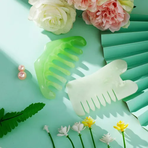 Miniatura 5 de Geiserailie 2 piezas de peines de jade suministros esteticista masaje piedra pelo Gua Sha raspado cuero cabelludo peine herramienta de masaje facial