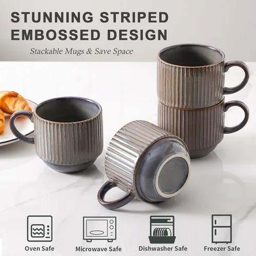 Miniatura 4 de HASENSE Porcealin - Juego de 4 tazas de café apilables con soporte, juego de 4 tazas de café grandes de cerámica acanaladas de 15 onzas para Marrón