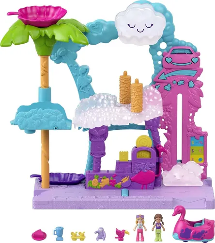 Conjunto de juego Polly Pocket, Pollyville Flamingo Fun Car Wash con 2 muñecas micro, coche de juguete, juego de agua y accesorios que cambian de