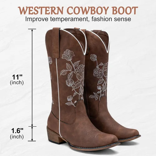Miniatura 8 de Jeossy Botas vaqueras a media pantorrilla con bordado de flores, tacón bajo, botas vaqueras occidentales 9807 para mujer