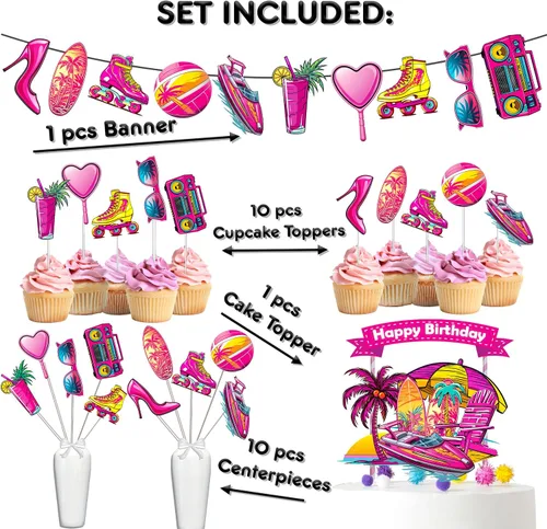 Miniatura 2 de Encantador juego de decoración de fiesta de cumpleaños de muñeca rosa, brilla y celebra