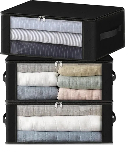 Miniatura 24 de HomeHacks Paquete de 3 bolsas organizadoras de ropa, caja de almacenamiento plegable con gran ventana transparente y asas resistentes para armario