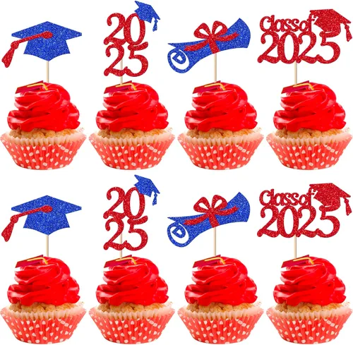 Miniatura 26 de Rsstarxi Paquete de 24 adornos para cupcakes de graduación 2026, con purpurina azul, para la clase de 2026, para diplomas, 24 piezas (6 diseños)