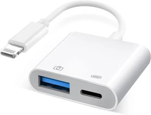 [Certificado MFi de Apple] Adaptador de cámara Lightning a USB con puerto de carga, cable OTG portátil USB3.0 hembra para iPad para conectar lector