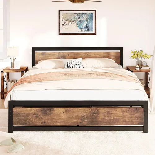 Miniatura 3 de Amyove Base de cama tamaño King con cabecera y estribo de madera, plataforma de cama King de metal, no necesita somier, 14 pulgadas, fácil