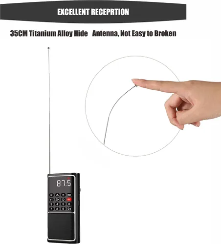 Miniatura 4 de Leting Radio portátil con altavoz MP3, radios FM portátil, soporte de radio FM, tarjeta TF/USB/grabación de música, mini radio con batería Negro