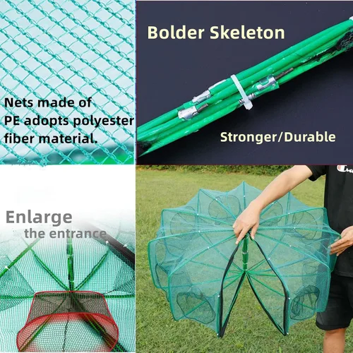 Miniatura 6 de Trampa de pesca plegable de 81cm x 25cm, redes de pesca con 10 agujeros y 10 lados para peces/cangrejos/camarones/cangrejos de río, espacio