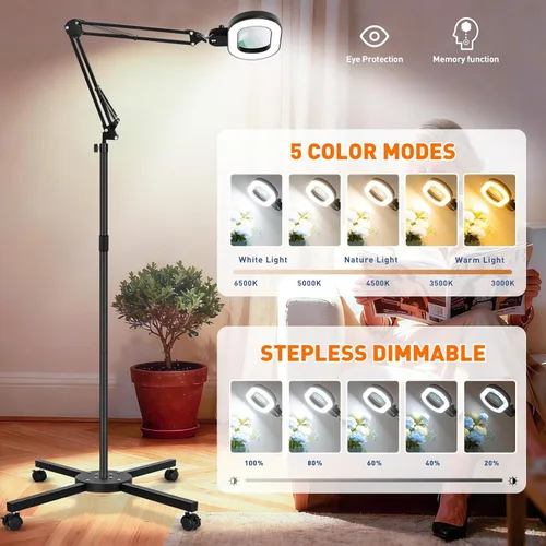 Miniatura 6 de KIRKAS Lupa de piso grande 12X con luz y soporte, color infinito regulable 2 en 1 lámpara de lupa iluminada para trabajo cercano, lectura