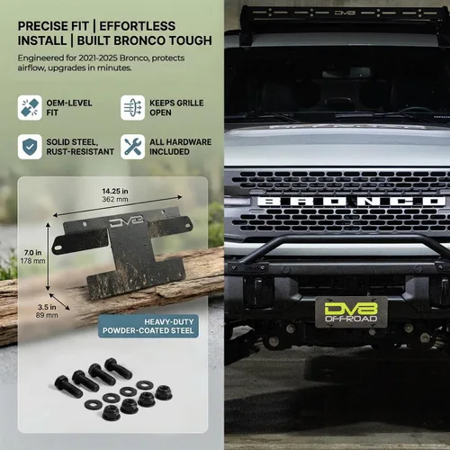 Miniatura 5 de DV8 Offroad Soporte de placa frontal compatible con Ford Bronco 2021-2026, soporte de placa de matrícula sin taladro para parachoques modular