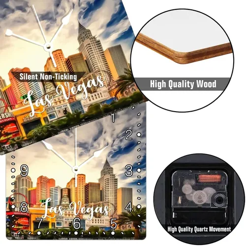 Miniatura 3 de Reloj cuadrado de madera de 15 x 15 pulgadas, diseño de paisaje urbano de Las Vegas, números arábigos, moderno, silencioso, sin tictac, funciona