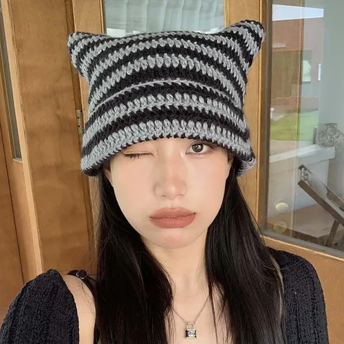 Miniatura 4 de Lindo gorro de punto para mujer, suéter de lana cálida para otoño e invierno con protección para orejas de gato