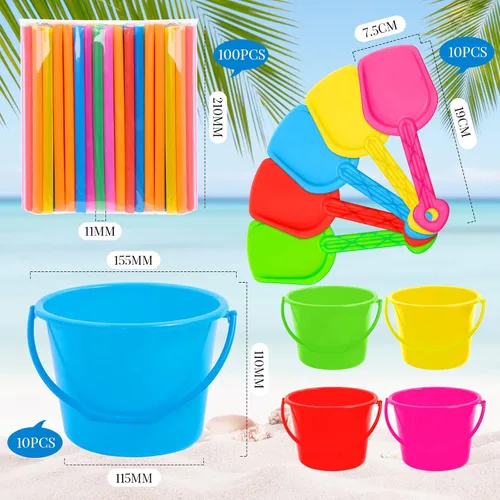 Miniatura 2 de Juego de cubos de arena y palas para niños, cubo de playa de plástico con 100 pajitas para regalos de fiesta de verano (10 juegos)