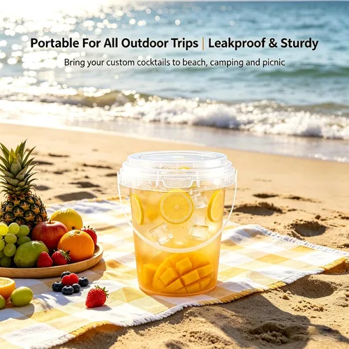 Miniatura 4 de 30 juegos de cubos de bebida de 34 onzas con tapas y pajitas, vasos desechables de plástico transparente con asas para ron, café helado, batidos