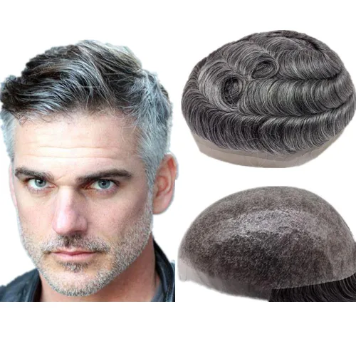 Miniatura 15 de N.L.W. Prótesis de cabello humano europeo para hombre, toupee para hombres con piel fina transparente PU 10x8 tamaño base piezas de cabello humano