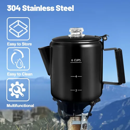 Miniatura 4 de Percolador de 6 Tazas de Acero Inoxidable 304 Cafetera Máquina de Café con Mango de Madera Sólida Perilla Transparente Estufa Greca Mocha