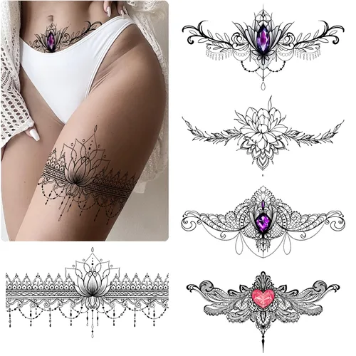 Miniatura 6 de Roarhowl Tatuajes de encaje, juego de tatuajes temporales sexy grande, tatuajes temporales para mujeres, vientre, espalda, cintura, muslo, arte