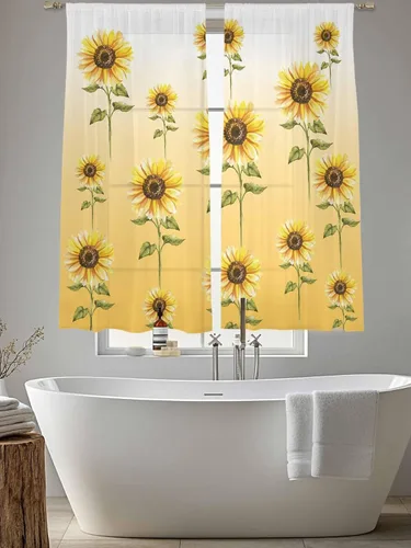 Miniatura 6 de Juego de 2 paneles de cortinas de girasol de 63 pulgadas de largo, cortinas traslúcidas amarillas con bolsillo para barra, cortinas de cocina
