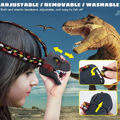 Miniatura 7 de Dysaim Linterna Frontal para Niños, Linterna Frontal de Dinosaurio T-Rex Recargable para Niños y Lámpara LED de Cabeza, Linterna de Equipo