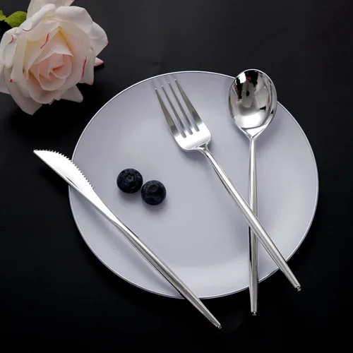 Miniatura 3 de SUT 150 piezas de cubiertos de plástico plateados, cubiertos desechables plateados, cubiertos desechables resistentes, utensilios de plástico que