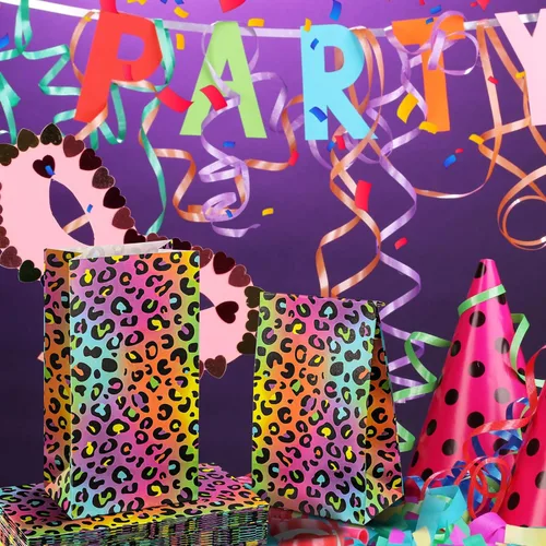 Miniatura 5 de Leinuosen 24 bolsas de papel de leopardo arcoíris neón, guepardo, regalo de fiesta de cumpleaños, guepardo, bolsas de papel para regalo de leopardo