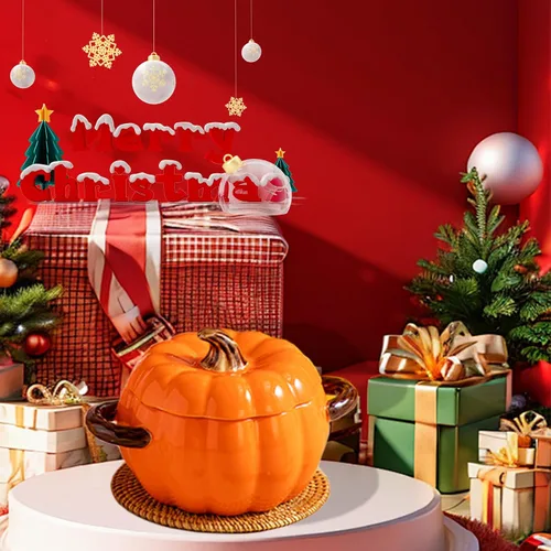 Miniatura 6 de Olla holandesa con tapa, cacerola de postre de cerámica de calabaza, mini fuente para hornear, lindo cuenco de calabaza, olla holandesa de cerámica