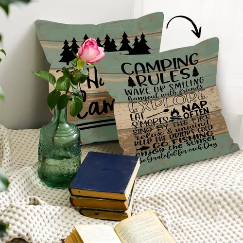 Miniatura 6 de Funda de almohada reversible con tablero de madera rústica Happy Camper, regalos para mujeres y hombres, funda de almohada con reglas de campamento