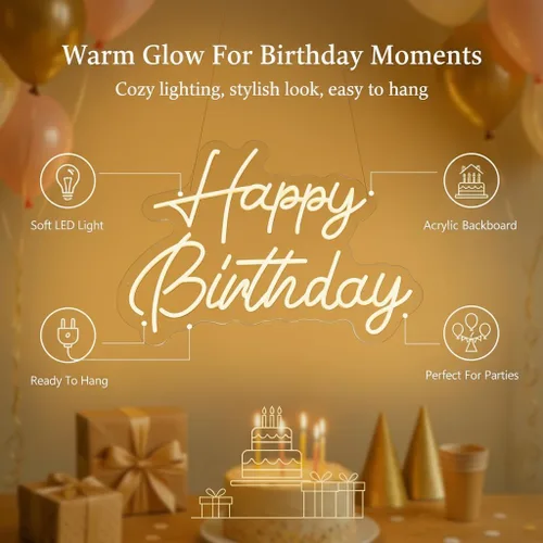 Miniatura 4 de Letrero de neón de feliz cumpleaños, 22 x 16.9 pulgadas, grande, blanco cálido, regulable, luz LED, telón de fondo de neón para decoración de pared